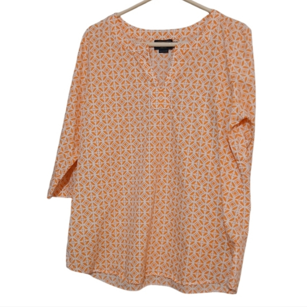 Pendleton Mango Orange White Shirt Womans Large Petite Blouse Tunic Geometric